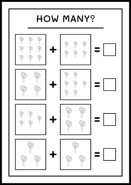 Hoeveel Ballon, spel voor kinderen. Vectorillustratie, afdrukbaar werkblad