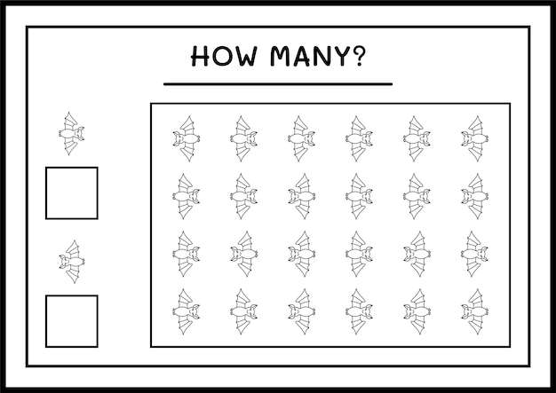 Hoeveel Bat, spel voor kinderen. Vectorillustratie, afdrukbaar werkblad