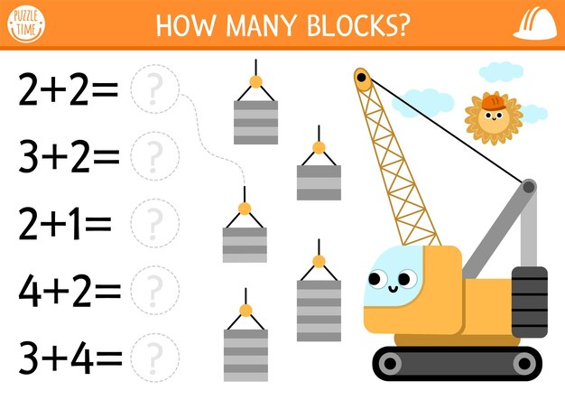 Hoeveel blokken spel met schattige crawler kraan bouwplaats wiskunde toevoeging activiteit voor kinderen Eenvoudige bouwwerken drukbare tellen werkblad voor kinderen met speciale auto voertuig lading xA