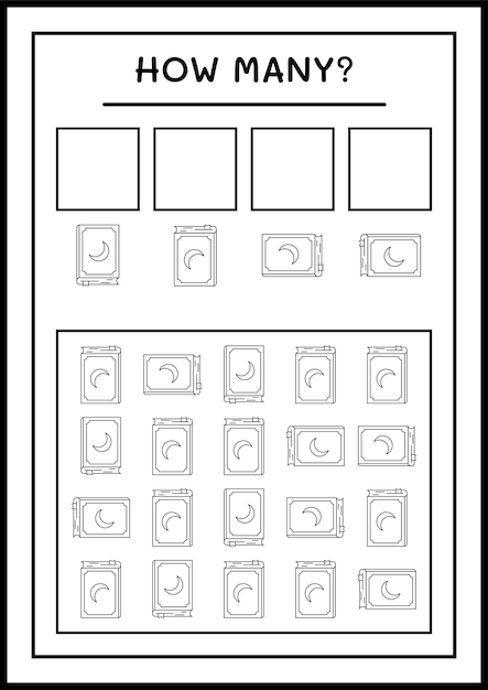 Hoeveel Boek, spel voor kinderen. Vectorillustratie, afdrukbaar werkblad