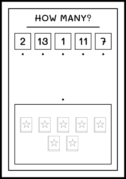 Hoeveel boek, spel voor kinderen. vectorillustratie, afdrukbaar werkblad
