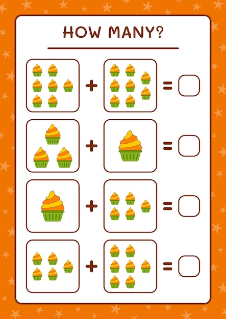 Hoeveel Cup Cake, spel voor kinderen. Vectorillustratie, afdrukbaar werkblad