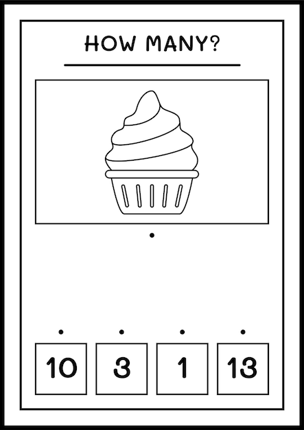 Hoeveel Cup Cake, spel voor kinderen. Vectorillustratie, afdrukbaar werkblad