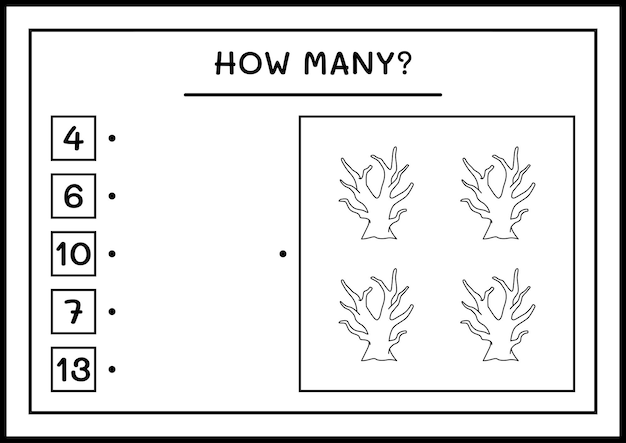 Hoeveel Dead Tree, spel voor kinderen. Vectorillustratie, afdrukbaar werkblad