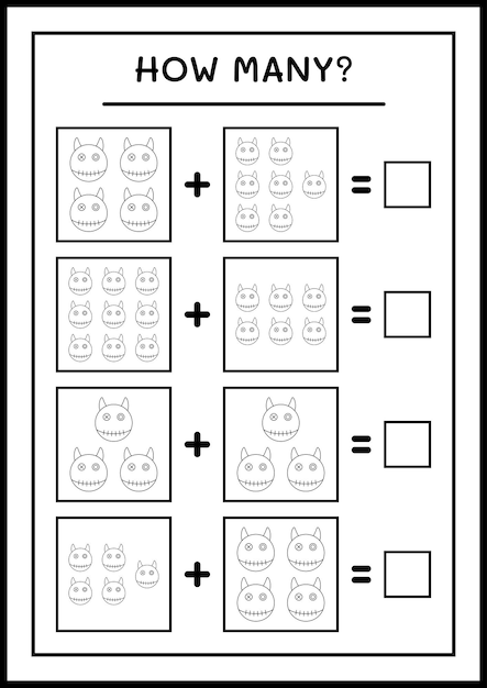 Hoeveel Doll, spel voor kinderen. Vectorillustratie, afdrukbaar werkblad