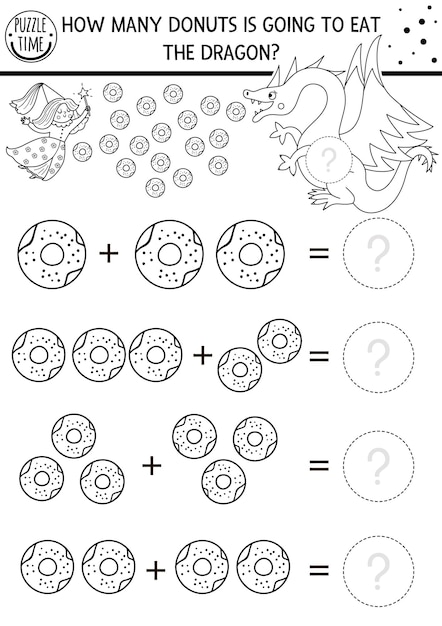 Hoeveel donuts spel met schattige sprookjesachtige wezens Zwart-wit magische koninkrijk wiskunde toevoeging activiteit voor kleuters Afdrukbaar eenvoudig werkblad tellen of kleurplaat met dragonxA