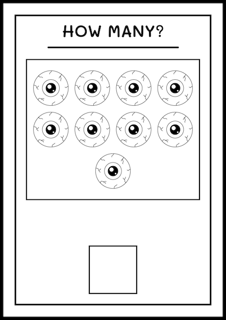 Hoeveel Eye, spel voor kinderen. Vectorillustratie, afdrukbaar werkblad