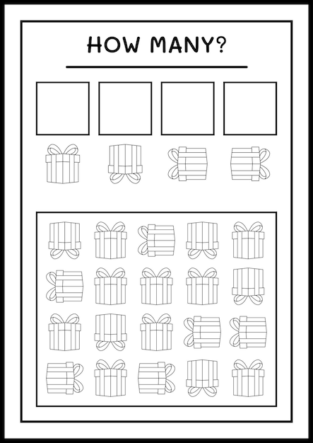 Hoeveel geschenkdoos, spel voor kinderen. Vectorillustratie, afdrukbaar werkblad