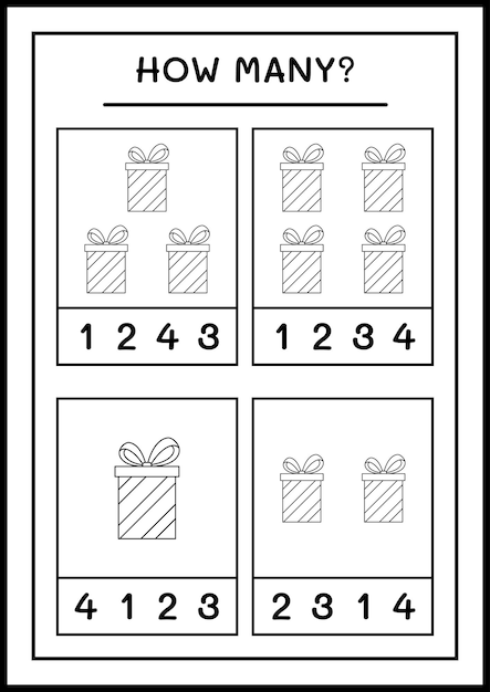 Hoeveel geschenkdoos, spel voor kinderen. Vectorillustratie, afdrukbaar werkblad