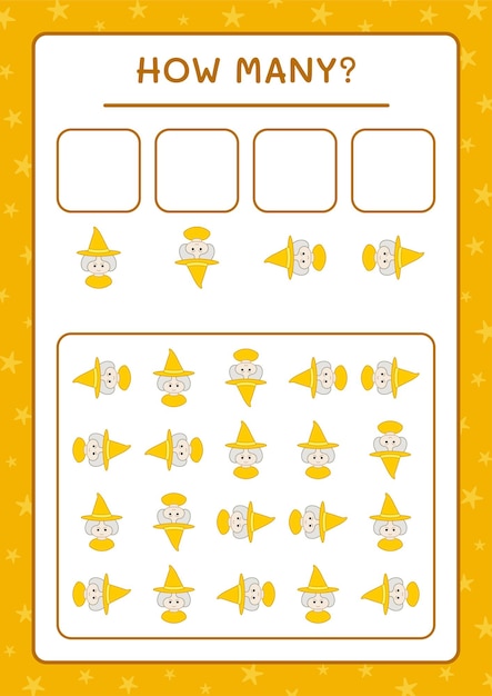 Hoeveel Heks, spel voor kinderen. Vectorillustratie, afdrukbaar werkblad