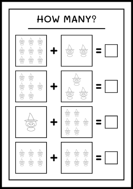 Hoeveel Heks, spel voor kinderen. Vectorillustratie, afdrukbaar werkblad