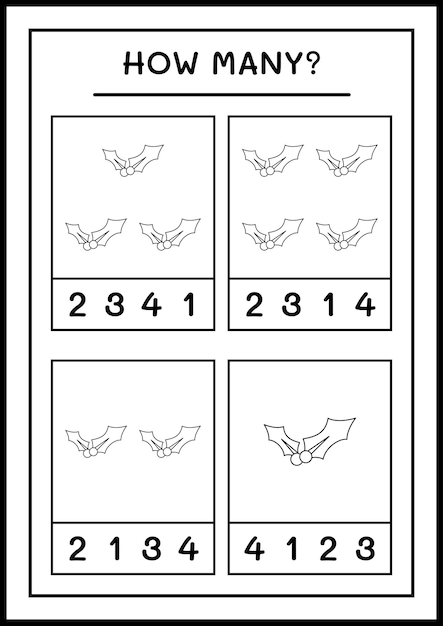 Hoeveel hulstbes, spel voor kinderen. Vectorillustratie, afdrukbaar werkblad