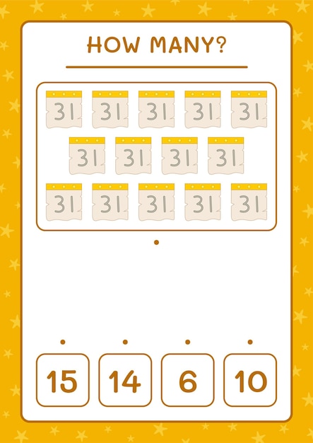 Hoeveel kalender, spel voor kinderen. vectorillustratie, afdrukbaar werkblad