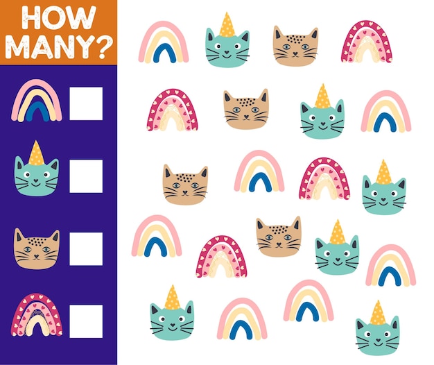 Hoeveel kattenspel voor kinderen afdrukbaar werkblad