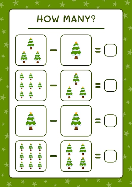 Hoeveel kerstboom, spel voor kinderen. Vectorillustratie, afdrukbaar werkblad