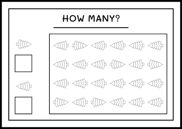 Hoeveel kerstboom, spel voor kinderen. Vectorillustratie, afdrukbaar werkblad