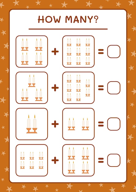 Hoeveel kerstkaars, spel voor kinderen. Vectorillustratie, afdrukbaar werkblad