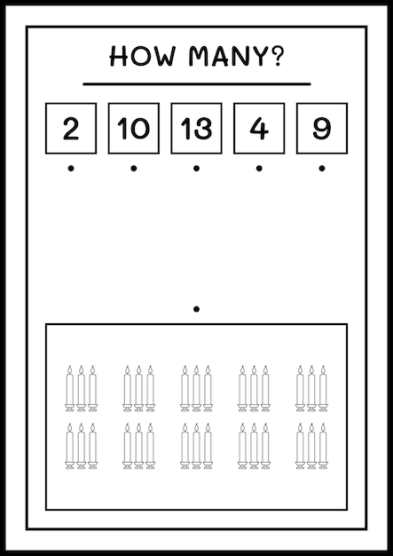 Hoeveel kerstkaars, spel voor kinderen. Vectorillustratie, afdrukbaar werkblad