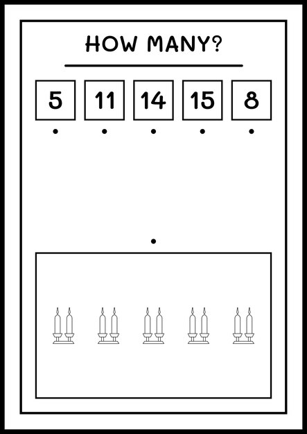 Hoeveel kerstkaars, spel voor kinderen. Vectorillustratie, afdrukbaar werkblad