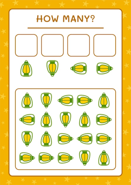 Hoeveel kerstlantaarn, spel voor kinderen. Vectorillustratie, afdrukbaar werkblad