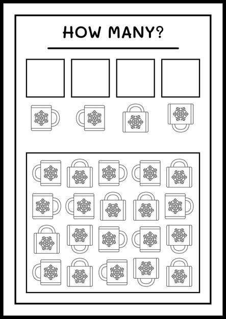 Hoeveel kerstmok, spel voor kinderen. Vectorillustratie, afdrukbaar werkblad