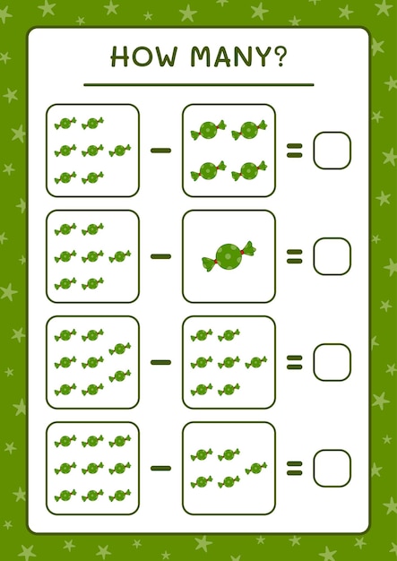 Hoeveel kerstsnoepjes, spel voor kinderen. Vectorillustratie, afdrukbaar werkblad