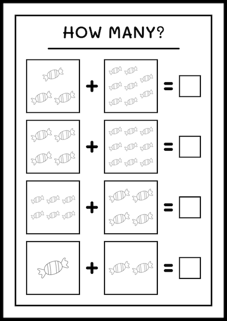 Hoeveel kerstsnoepjes, spel voor kinderen. Vectorillustratie, afdrukbaar werkblad