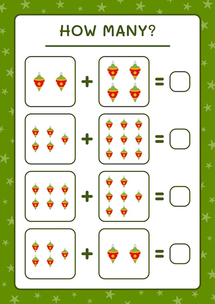 Hoeveel kerstversiering, spel voor kinderen. Vectorillustratie, afdrukbaar werkblad