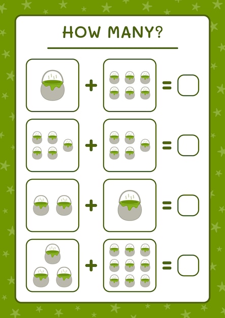 Hoeveel ketel, spel voor kinderen. vectorillustratie, afdrukbaar werkblad