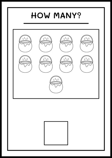 Hoeveel Ketel, spel voor kinderen. Vectorillustratie, afdrukbaar werkblad