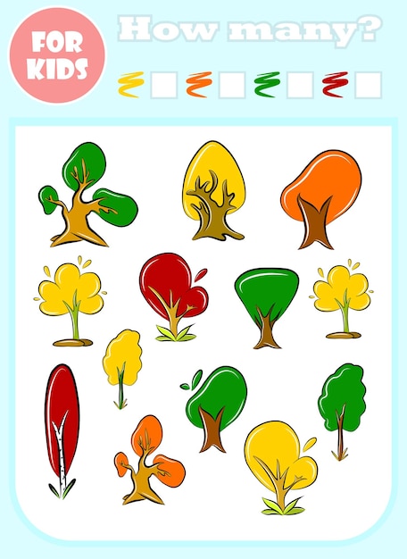 Hoeveel kleur vector educatief spel voor kinderen tellen wiskundige boek sjabloon preschool leren concept Cartoon hand getekende illustratie leuke activiteit voor kinderen Bos boom plant set