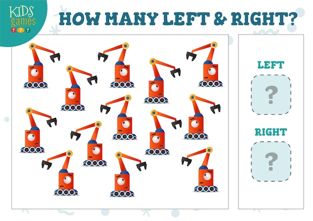 Vector hoeveel links en rechts cartoon robots kinderen tellen spel vectorillustratie. ontwikkelingsactiviteit voor kleuters met telobjecten