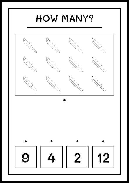 Hoeveel mes, spel voor kinderen. Vectorillustratie, afdrukbaar werkblad