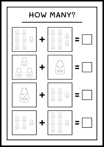 Hoeveel Pompoen, spel voor kinderen. Vectorillustratie, afdrukbaar werkblad