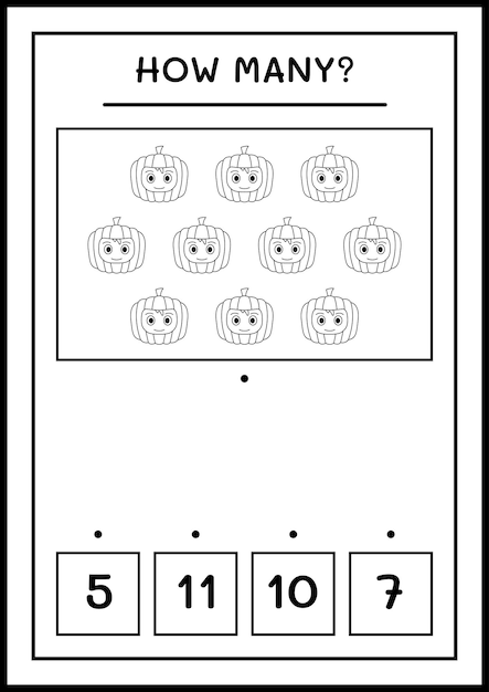 Hoeveel Pumpkin Mask, spel voor kinderen. Vectorillustratie, afdrukbaar werkblad