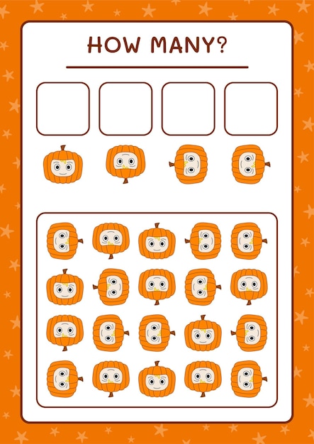 Hoeveel pumpkin mask, spel voor kinderen. vectorillustratie, afdrukbaar werkblad