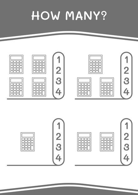 Hoeveel rekenmachines voor kinderen Afdrukbaar werkblad met vectorillustratie