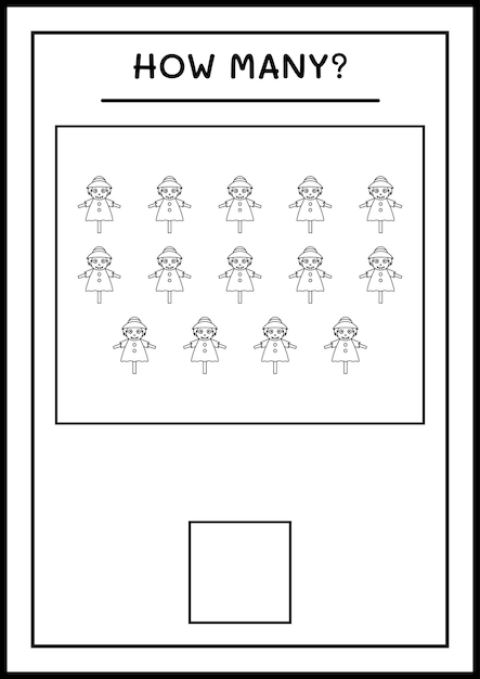 Hoeveel Scarecrow, spel voor kinderen. Vectorillustratie, afdrukbaar werkblad