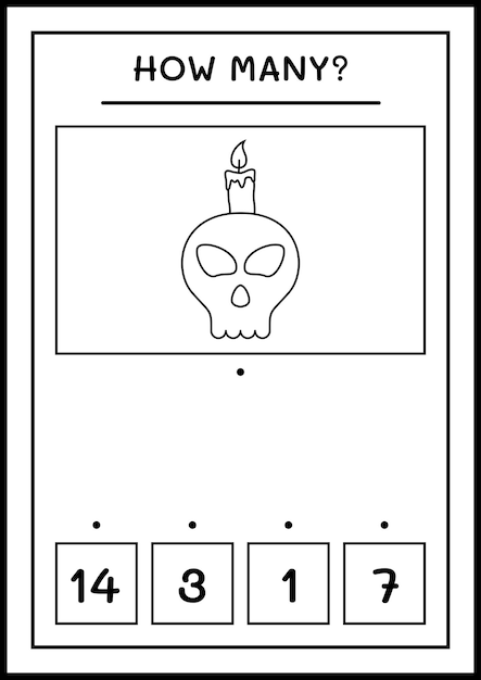 Hoeveel Schedel met Kaars, spel voor kinderen. Vectorillustratie, afdrukbaar werkblad