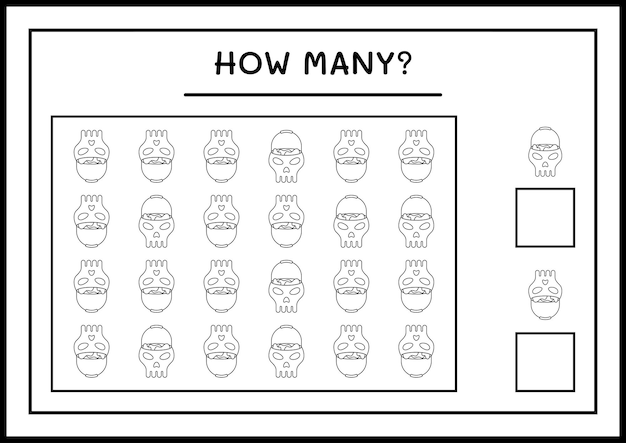 Hoeveel Skull, spel voor kinderen. Vectorillustratie, afdrukbaar werkblad