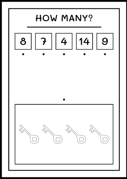 Hoeveel sleutel, spel voor kinderen. vectorillustratie, afdrukbaar werkblad