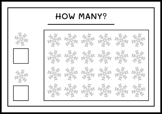 Hoeveel sneeuwvlok, spel voor kinderen. vectorillustratie, afdrukbaar werkblad