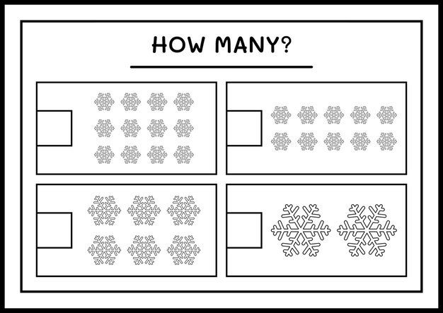 Hoeveel sneeuwvlok, spel voor kinderen. Vectorillustratie, afdrukbaar werkblad