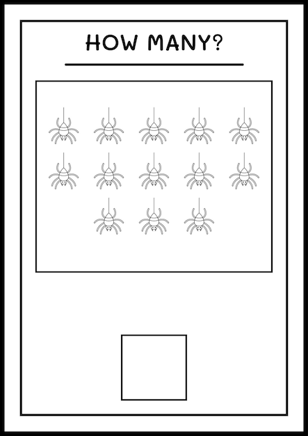 Hoeveel Spider, spel voor kinderen. Vectorillustratie, afdrukbaar werkblad