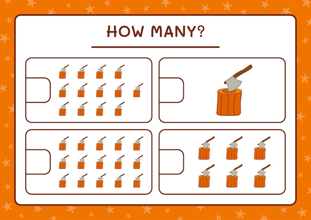 Hoeveel stump met axe, spel voor kinderen. vectorillustratie, afdrukbaar werkblad