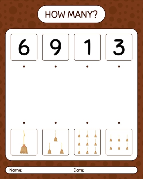 Hoeveel tellen spel met bezem. werkblad voor kleuters, activiteitenblad voor kinderen
