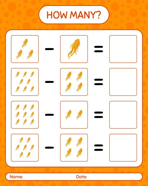 Hoeveel tellen spel met ginseng. werkblad voor kleuters, activiteitenblad voor kinderen, afdrukbaar werkblad