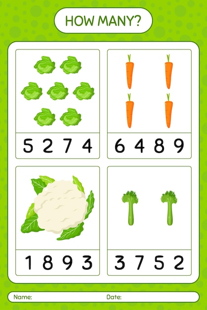 Hoeveel tellen spel met groenten. werkblad voor kleuters, activiteitenblad voor kinderen, afdrukbaar werkblad