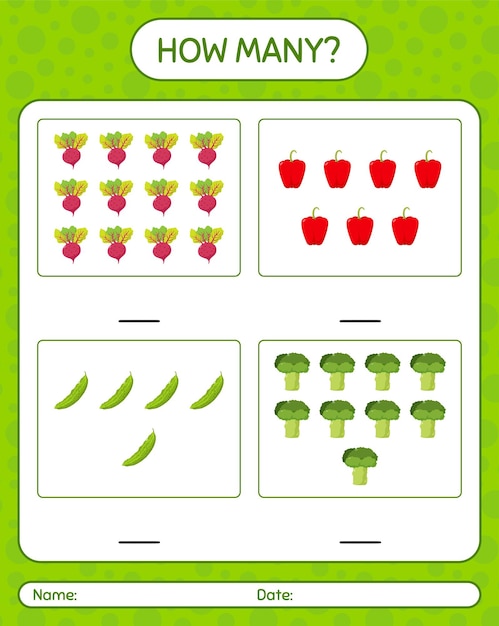Hoeveel tellen spel met groenten. werkblad voor kleuters, activiteitenblad voor kinderen, afdrukbaar werkblad