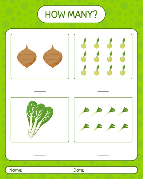 Hoeveel tellen spel met groenten. werkblad voor kleuters, activiteitenblad voor kinderen, afdrukbaar werkblad